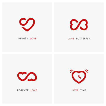 Love vector logo set. Red hearts, time and infinity symbols - valentine, relationship and medicine icons.