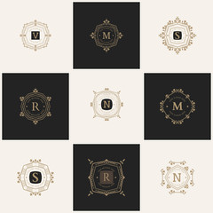 The letters V, E, M, S, N made in modern line style vector. Luxury elegant frame ornament and ethnic tribal elements. Example designs for Cafe, Hotel, Jewelry, Fashion, Restaurant