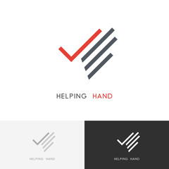 Helping hand logo - palm with check mark or tick symbol. Business, success and charity work vector icon.
