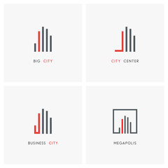 Real estate logo set. Big city with skyscrapers and hand symbols - business, realty and building icons.