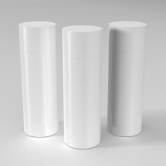White Perfume Deodorant Spray Bottle Mock-Up Set, Cosmetic Skin Care Packaging Flask Template. Deodoriser Plastic Stick. 3D Illustration