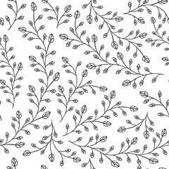 Seamless pattern background. Branches with leaves and buds. Black and white colors. Vector illustration.