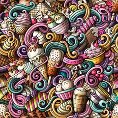 Cartoon hand-drawn ice cream doodles seamless pattern