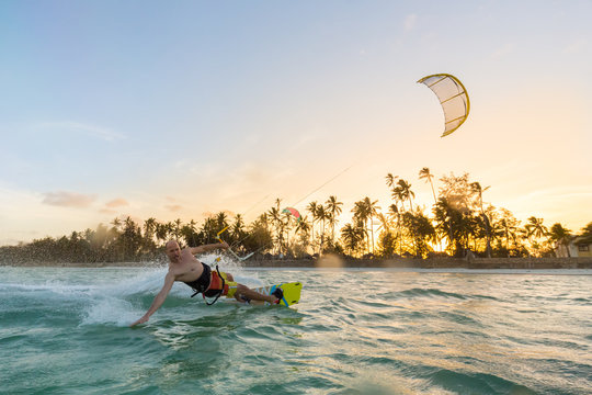 Kiteboarding. Fun in the ocean. Extreme Sport Kitesurfing