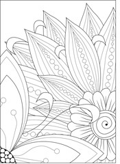 Black and white floral pattern for adult coloring book. Vector illustration.