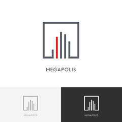 Megalopolis city logo - business buildings and hand symbol. Realty and real estate vector icon.