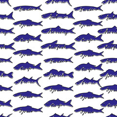 Hand drawn fish seamless pattern. Tuna, salmon, herring, catfish, sardine, perch, sprat, carp, trout, mackerel. .