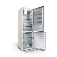 Stainless steel modern open refrigerator on white 3d illustration