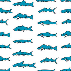 Hand drawn fish species with lettering. Tuna, salmon, herring, catfish, sardine, perch, sprat, carp, trout, mackerel. .
