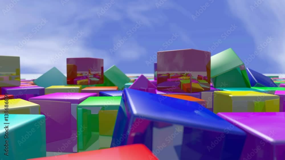 Poster colorful animated cube blocks falling down. 3d rendering 4k