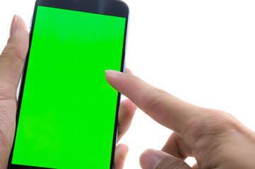 Male hand holding cell phone and typing  on white background with green screen, Male pointing with figer on Chroma key green screen on white background, mockup template