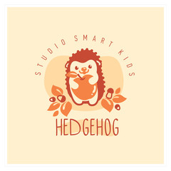 Kids club logo with hedgehog. Cute kindergarten sign.