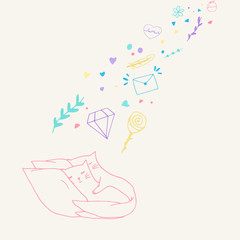 Sleeping cats postcard. Colorful cats love design. Vector illustration..