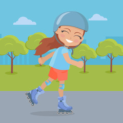 Young Girl in Helmet Roller Skate in Park. Vector
