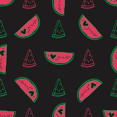Vector seamless pattern with doodle hand drawn watermelons on black background.