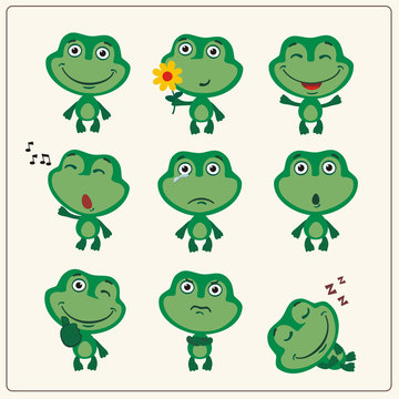 Funny little frog set in different poses. Collection isolated frog in cartoon style.