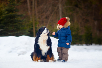 Little boy with big dog outdoor. Winter. .