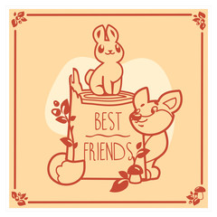 Vector greeting card with cute rabbit and fox. Invitation design.