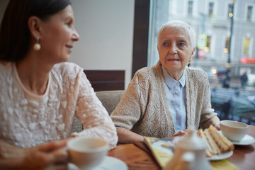 Two senior females having snack and tea in cafe