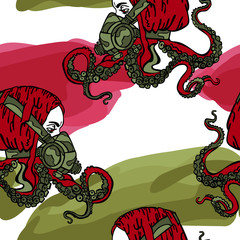 Beautiful girl with tentacles and respirator. Blots and spots of paint. Seamless vector pattern (background).