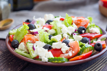 Traditional Homemade Greek Salad, Horizontal Close Up View