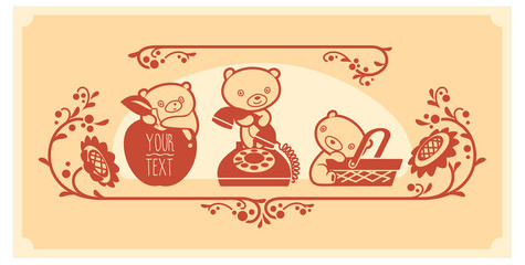 Woodland animals and decor elements set. Three teddy bears vector characters.
