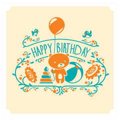 Vector Happy Birthday greeting card with cute teddy bear and toys. Invitation design.