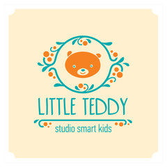 Kids club logo with teddy bear. Cute kindergarten sign.
