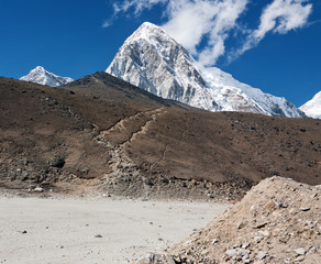 View of the Mt. Everest region from Gorak Shep to Kala Patthar and Pumo Ri, Nepal