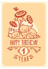 Vector Happy Birthday greeting card with three cute teddy bears. Invitation design.