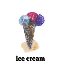 pale color ice-cream wiffle cone illustration. watercolor artwork. Menu item