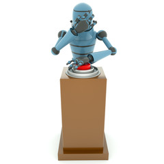 A dangerous situation, the robot wants to press the big red button, 3d render