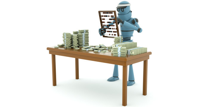 Robot - accountant, counts the money standing before the table, 3d render