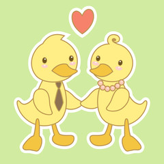 Two cute cartoon ducklings holding hands on a simple green background. Vector illustration
