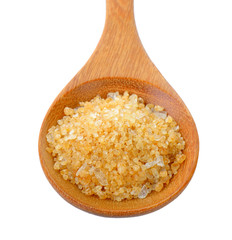 Sugar for coffee in wood spoon on white background