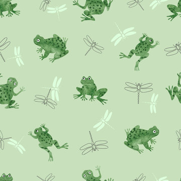 Seamless watercolor frogs pattern. Vector background with green frogs and dragonflies.