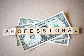 Wooden block word professional and Dollar banknote
