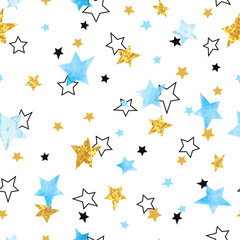 Seamless Stars pattern. Vector background with watercolor blue and glittering golden stars.