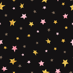Seamless Stars pattern. Vector background with watercolor pink and glittering golden stars.