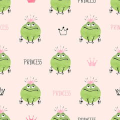 Seamless cute princess frogs pattern. Vector background for kids design. 