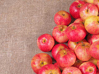 Lying red fresh apples on a fabric background.