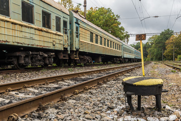 Abandoned soviet era trains in a railroad yard in Ukraine.