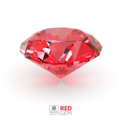 Shiny realistic 3d red diamond or ruby isolated on white background, front view, vector illustration