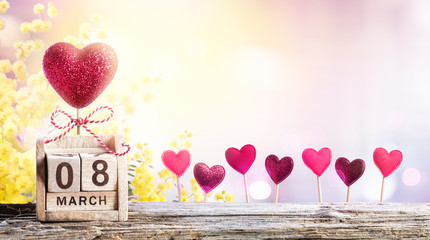 8 Hearts With Mimosa And Calendar For Women Day Background