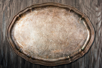 Metal vintage empty tray, top view, copy space