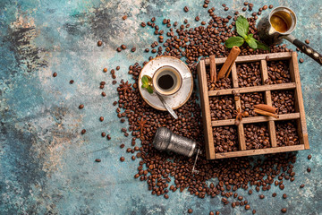 coffee beans in old wooden box