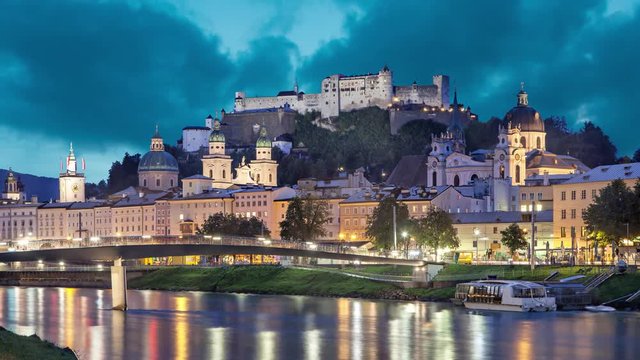 Salzburg skyline in the evening, Austria (Static image with animated sky and water)

