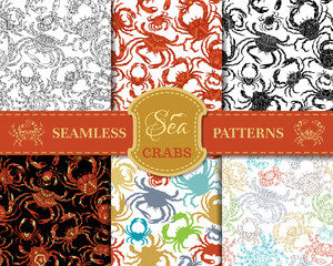 Vector set of seamless crabs patterns. © Maljuk