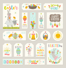 Fototapeta premium Set of Easter gift tags and labels with cute cartoon characters and type design .