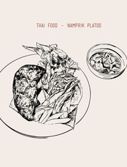 Thai food set of Chili paste : Nam prik kapi, Fried mackerel fish, Boiled vegetables. illustrator